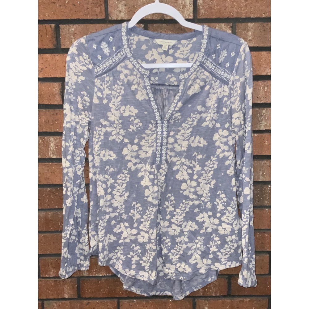 Lucky Brand Womens Blue Floral Embroidered Slub Knit Long Sleeve Top Small